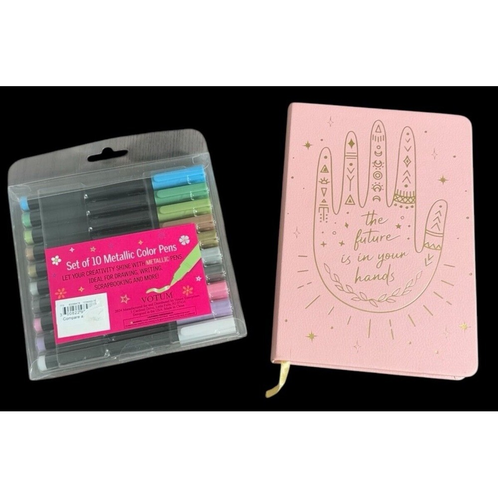 10 Metallic Color Pens & Pink 6x8 Faux Leather Journal Celestial Hand 128 Sheets